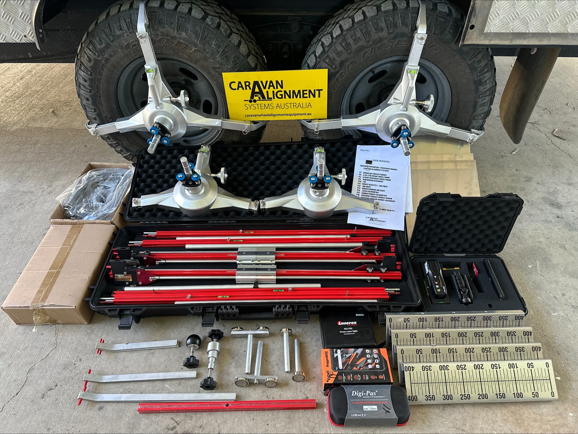 Complete caravan wheel alignment system and equipment