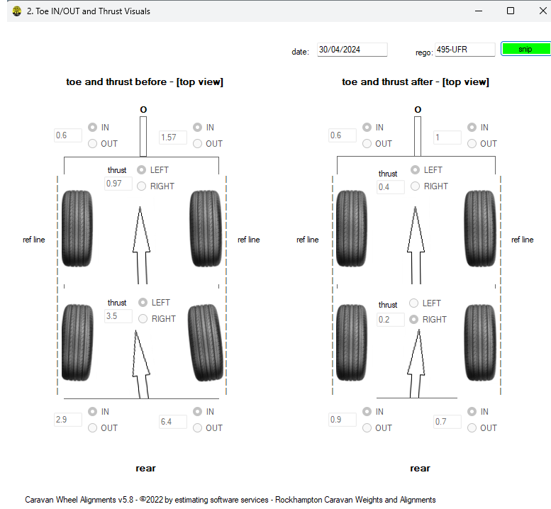 Caravan wheel alignment toe and thrust before and after visual